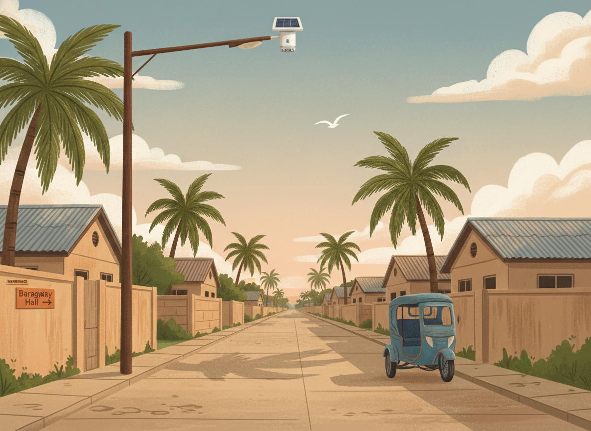 A quiet late-afternoon Marilao street with a solar-powered river sensor on a lamppost — warm editorial illustration, the sky clear, the texture of an ordinary good day, all clear.