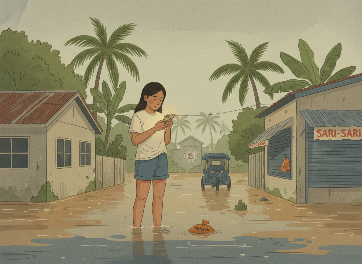 A Bulakeña woman wading at calf-depth in a flooded Marilao street, holding her phone to submit a flood report — warm editorial illustration, unstaged, one person doing the small useful thing.